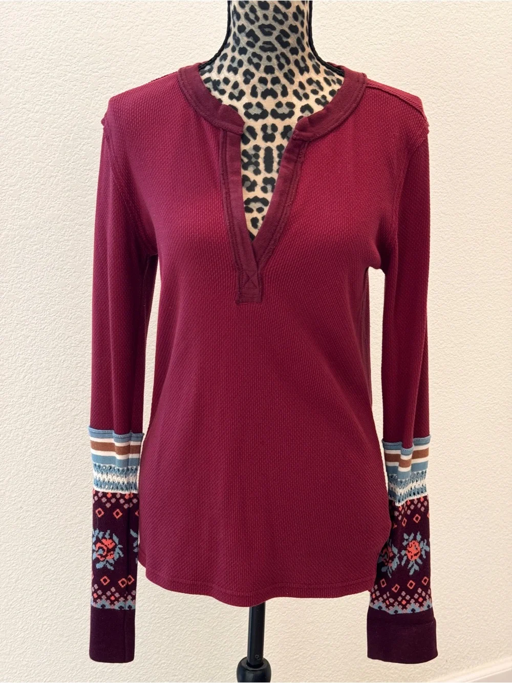 Free People Burgundy Mikah Layering Long Sleeve Henley with Patterned Cuffs - Picture 4 of 6
